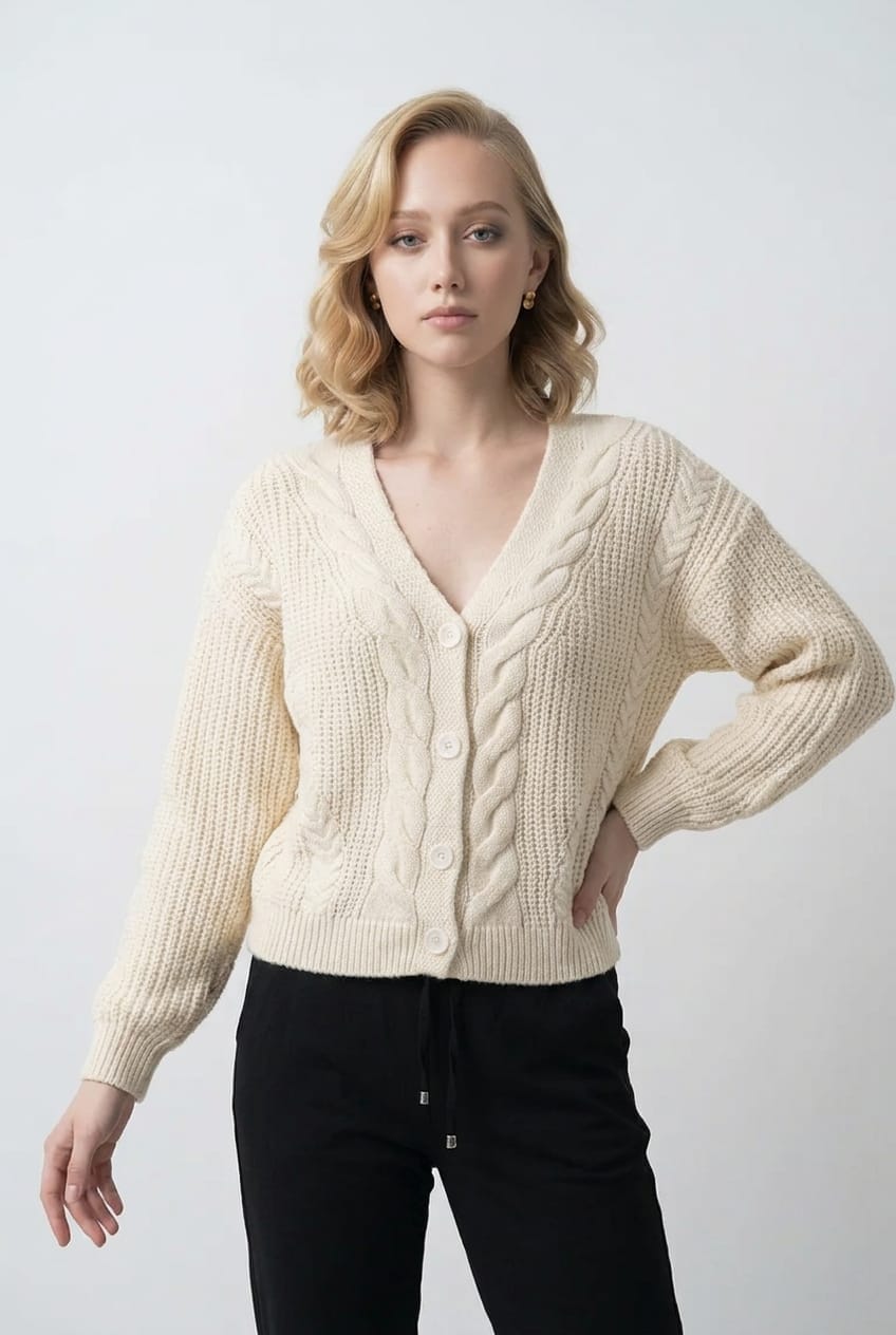 MODEL:2608 / SAÇ ÖRGÜ DETAYLI DÜĞMELİ TRİKO HIRKA